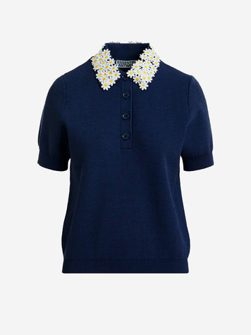 ESSENTIEL ANTWERP Polo in maglia sottile blu con colletto decorato a fiori Blu