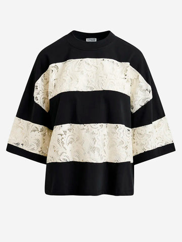 ESSENTIEL ANTWERP T-shirt in cotone biologico a righe bianche e nere con inserti in pizzo Nero bianca