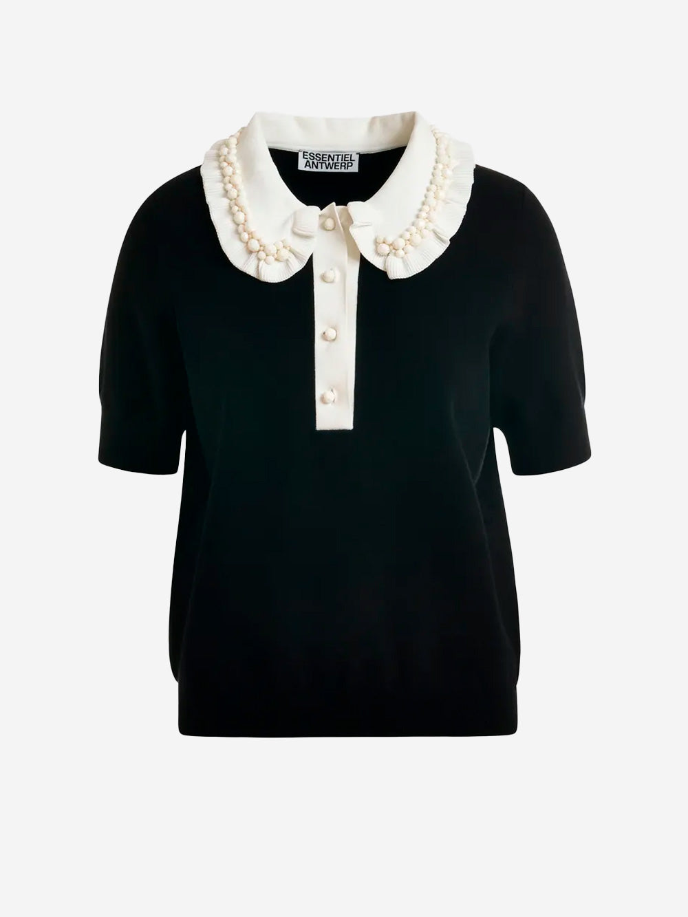 ESSENTIEL ANTWERP Polo in maglia sottile nera e avorio con volant e decorazioni in perline Nera bianca Urbanstaroma