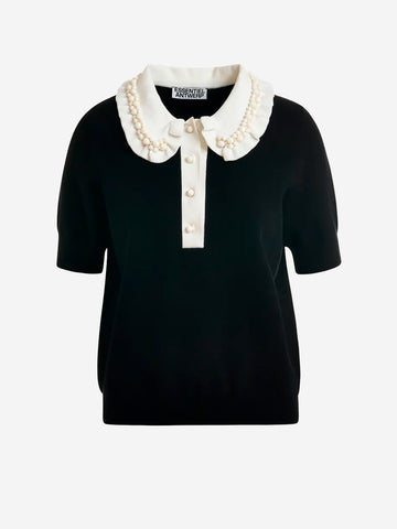 ESSENTIEL ANTWERP Polo in maglia sottile nera e avorio con volant e decorazioni in perline Nera bianca