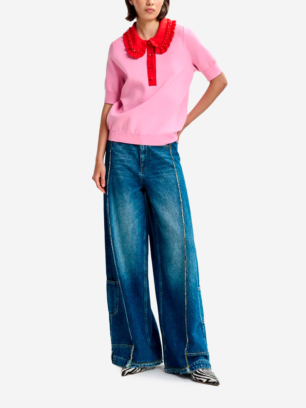 ESSENTIEL ANTWERP Polo in maglia sottile rosa e rosso con volant e decorazioni in perline Rosa Urbanstaroma