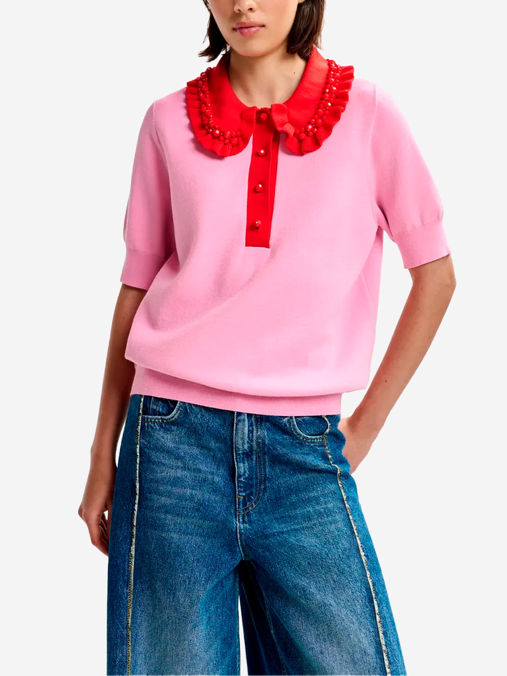 ESSENTIEL ANTWERP Polo in maglia sottile rosa e rosso con volant e decorazioni in perline Rosa Urbanstaroma