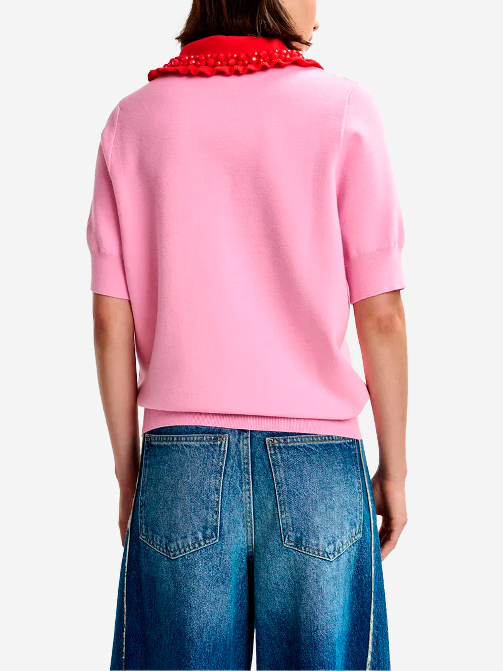 ESSENTIEL ANTWERP Polo in maglia sottile rosa e rosso con volant e decorazioni in perline Rosa Urbanstaroma