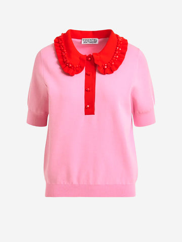 ESSENTIEL ANTWERP Polo in maglia sottile rosa e rosso con volant e decorazioni in perline Rosa