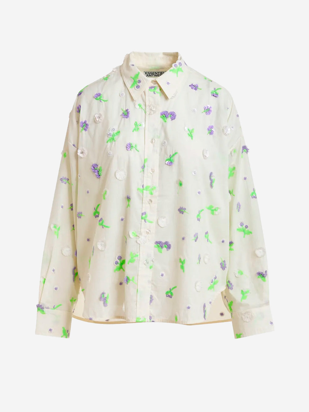 ESSENTIEL ANTWERP Camicia avorio con decorazioni floreali in paillettes, strass e perline viola e verdi Panna Urbanstaroma