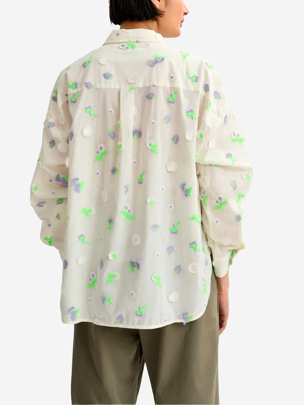 ESSENTIEL ANTWERP Camicia avorio con decorazioni floreali in paillettes, strass e perline viola e verdi Panna Urbanstaroma