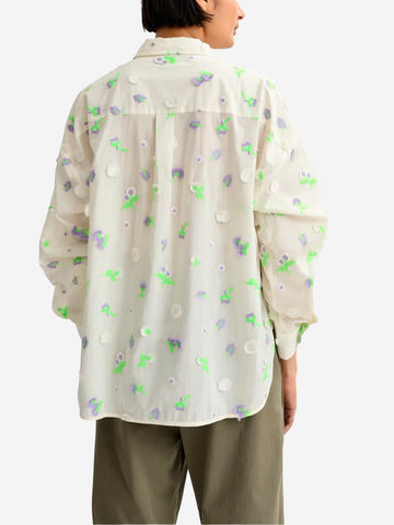 ESSENTIEL ANTWERP Camicia avorio con decorazioni floreali in paillettes, strass e perline viola e verdi Panna