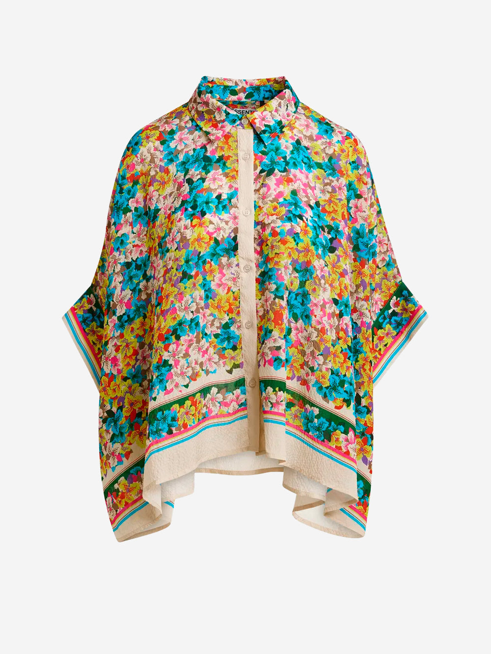 ESSENTIEL ANTWERP Camicia oversize in misto seta blu e gialla con stampa floreale e maniche a 3/4 Multicolor Urbanstaroma