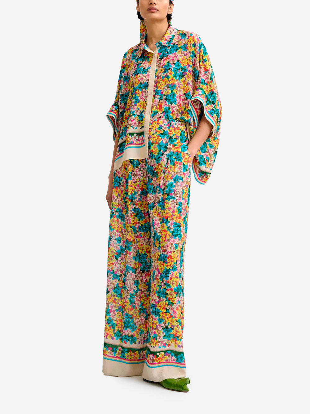 ESSENTIEL ANTWERP Camicia oversize in misto seta blu e gialla con stampa floreale e maniche a 3/4 Multicolor Urbanstaroma