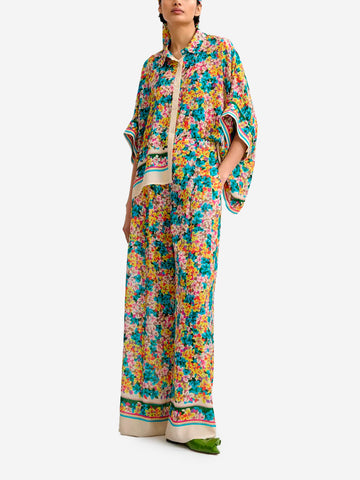 ESSENTIEL ANTWERP Camicia oversize in misto seta blu e gialla con stampa floreale e maniche a 3/4 Multicolor