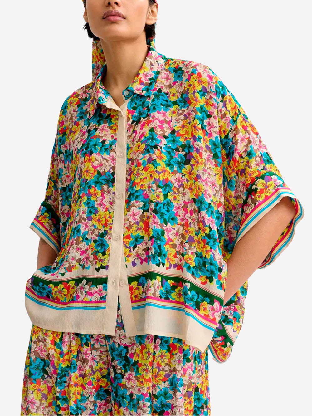 ESSENTIEL ANTWERP Camicia oversize in misto seta blu e gialla con stampa floreale e maniche a 3/4 Multicolor Urbanstaroma