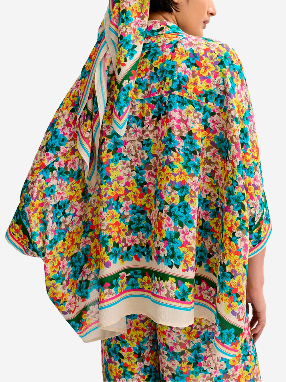 ESSENTIEL ANTWERP Camicia oversize in misto seta blu e gialla con stampa floreale e maniche a 3/4 Multicolor Urbanstaroma
