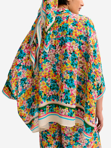 ESSENTIEL ANTWERP Camicia oversize in misto seta blu e gialla con stampa floreale e maniche a 3/4 Multicolor