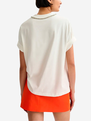ESSENTIEL ANTWERP T-shirt in cotone avorio con scollo impreziosito da strass e stampa numerica verde Bianca verde