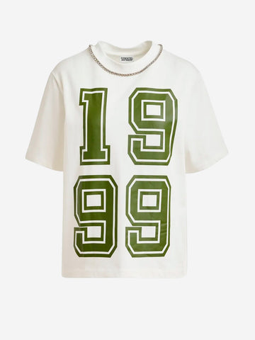 ESSENTIEL ANTWERP T-shirt in cotone avorio con scollo impreziosito da strass e stampa numerica verde Bianca verde