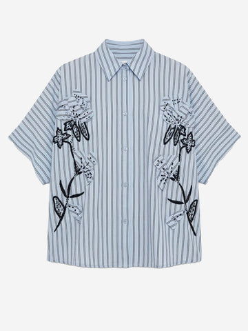ESSENTIEL ANTWERP Camicia oversize celeste con ricami floreali applicati e perline Celeste