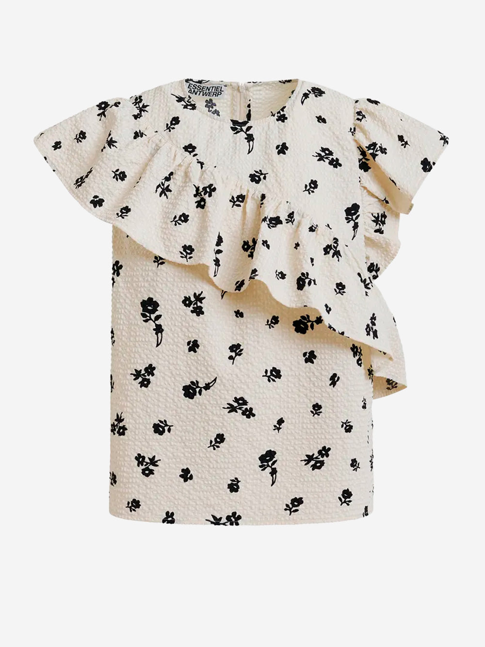 ESSENTIEL ANTWERP Top asimmetrico avorio e nero con dettagli a volant Nera beige Urbanstaroma