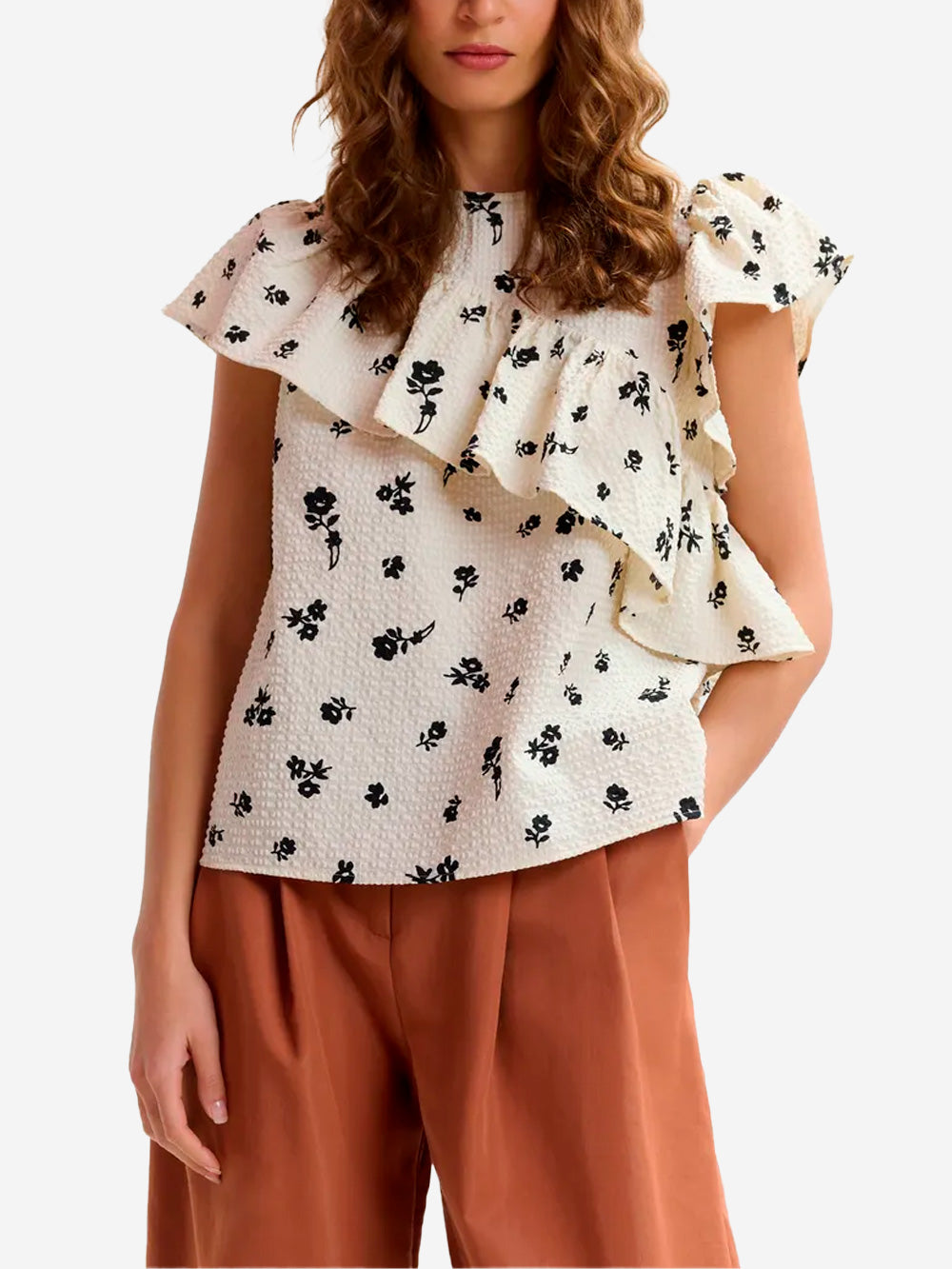 ESSENTIEL ANTWERP Top asimmetrico avorio e nero con dettagli a volant Nera beige Urbanstaroma