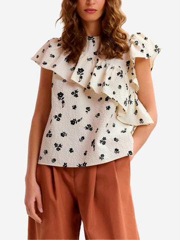 ESSENTIEL ANTWERP Top asimmetrico avorio e nero con dettagli a volant Nera beige