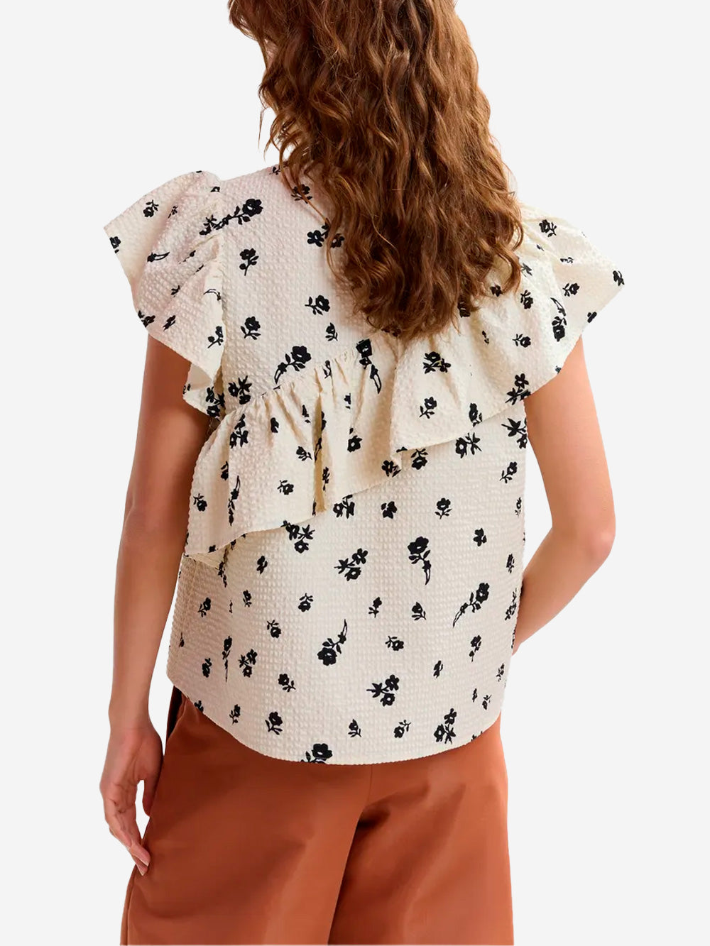 ESSENTIEL ANTWERP Top asimmetrico avorio e nero con dettagli a volant Nera beige Urbanstaroma