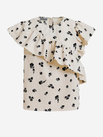 ESSENTIEL ANTWERP Top asimmetrico avorio e nero con dettagli a volant Nera beige