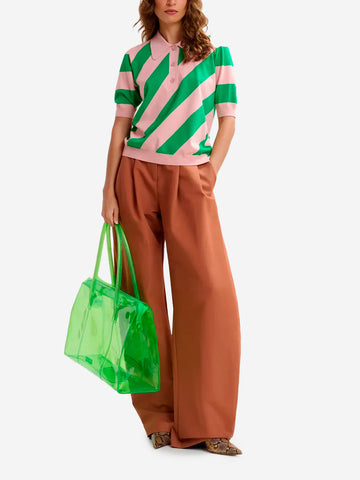 ESSENTIEL ANTWERP Polo a righe rosa chiaro e verde con colletto decorato Rosa