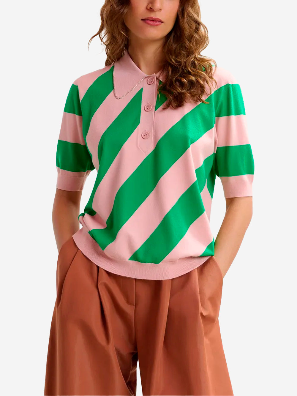 ESSENTIEL ANTWERP Polo a righe rosa chiaro e verde con colletto decorato Rosa Urbanstaroma