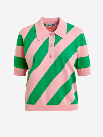 ESSENTIEL ANTWERP Polo a righe rosa chiaro e verde con colletto decorato Rosa