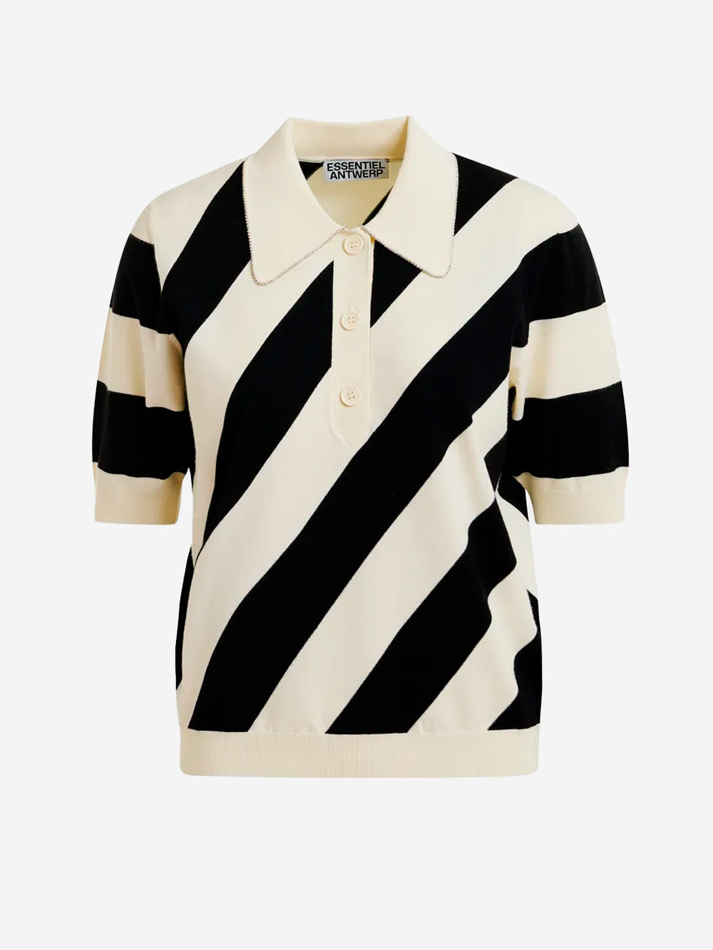 ESSENTIEL ANTWERP Polo a righe bianca e nera con colletto decorato Bianca nera Urbanstaroma