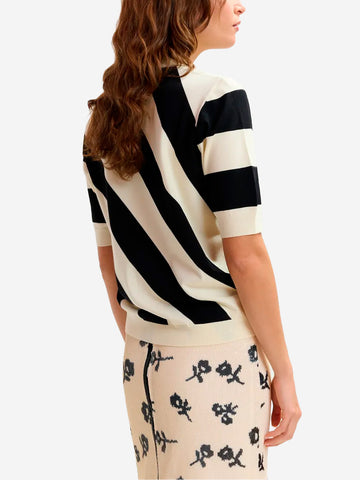 ESSENTIEL ANTWERP Polo a righe bianca e nera con colletto decorato Bianca nera