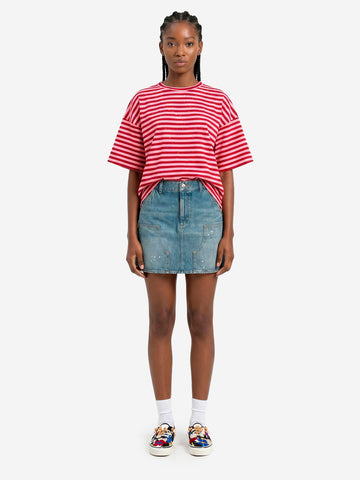 ESSENTIEL ANTWERP T-shirt oversize in cotone a righe bianche e nere impreziosita da strass Rosa rossa