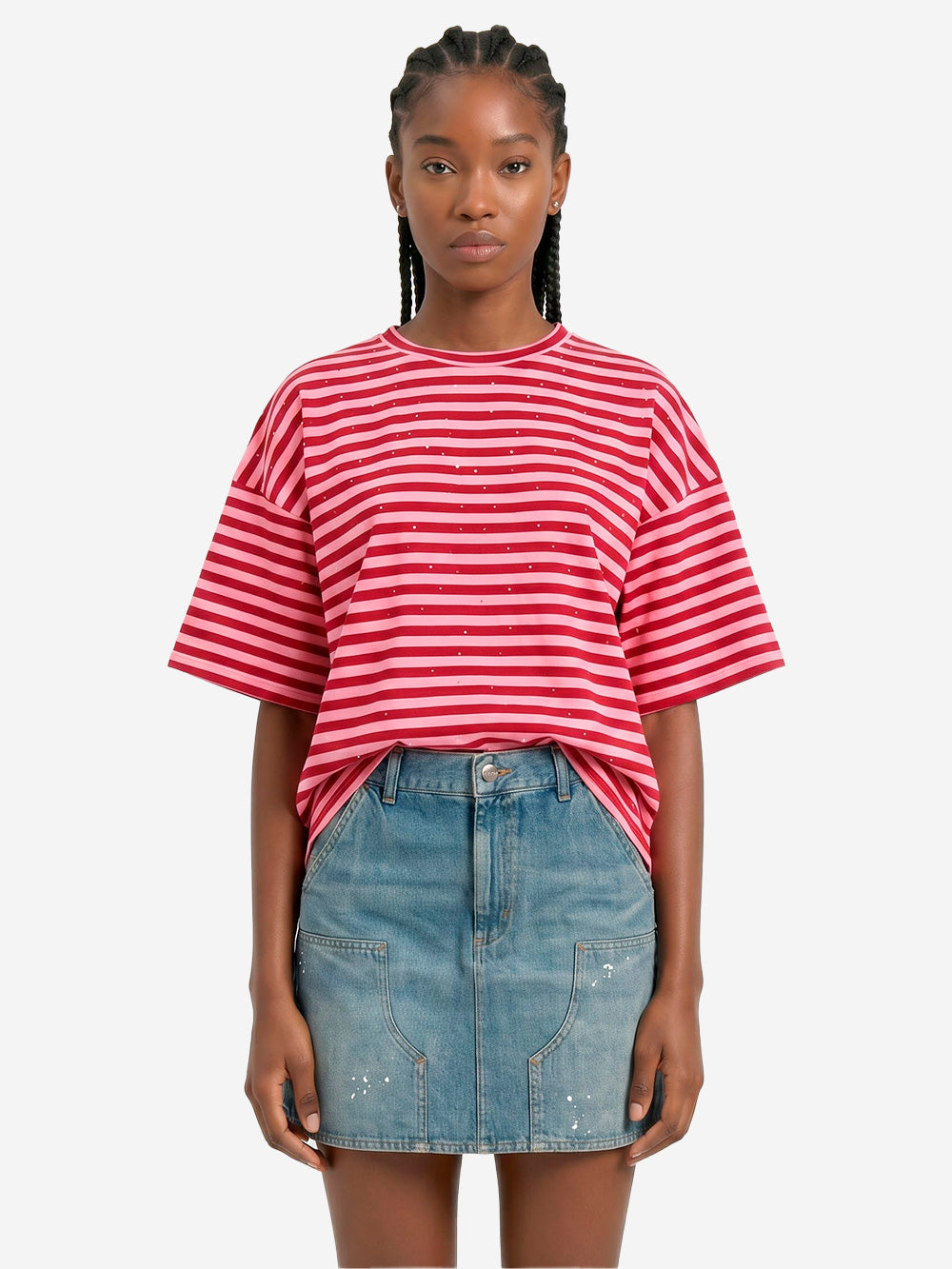 ESSENTIEL ANTWERP T-shirt oversize in cotone a righe bianche e nere impreziosita da strass Rosa rossa Urbanstaroma