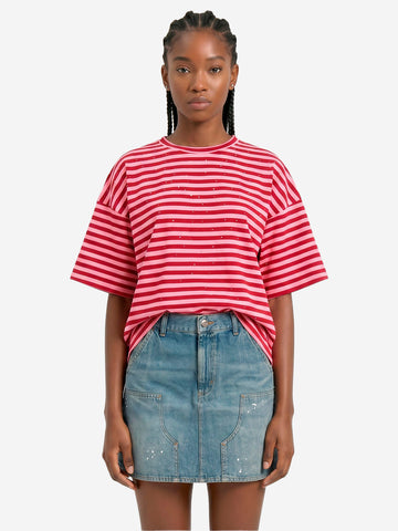 ESSENTIEL ANTWERP T-shirt oversize in cotone a righe bianche e nere impreziosita da strass Rosa rossa