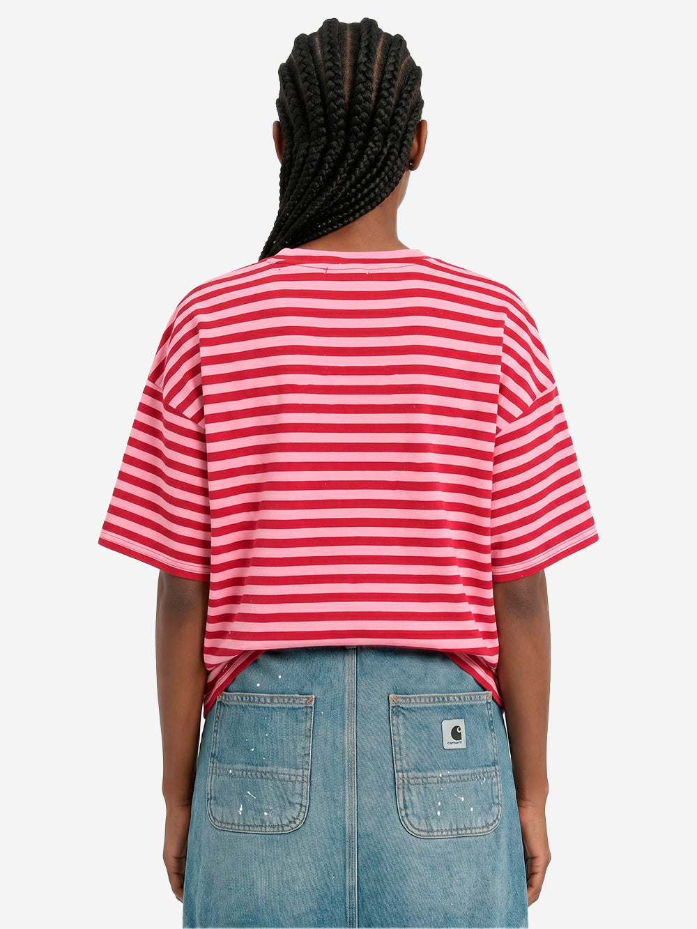 ESSENTIEL ANTWERP T-shirt oversize in cotone a righe bianche e nere impreziosita da strass Rosa rossa Urbanstaroma