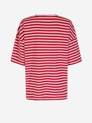 ESSENTIEL ANTWERP T-shirt oversize in cotone a righe bianche e nere impreziosita da strass Rosa rossa