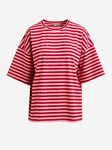 ESSENTIEL ANTWERP T-shirt oversize in cotone a righe bianche e nere impreziosita da strass Rosa rossa