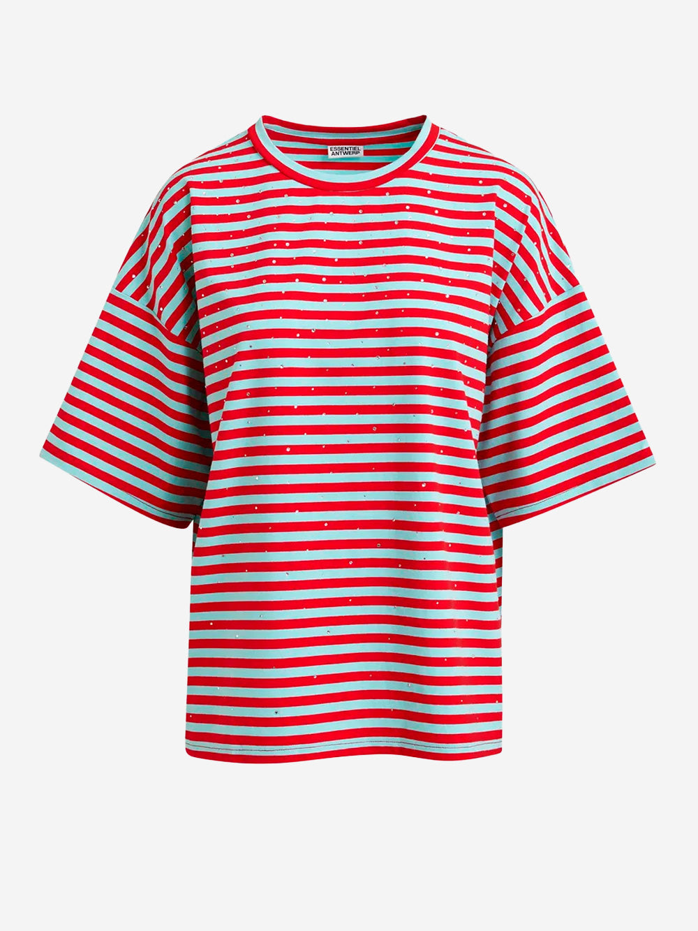 ESSENTIEL ANTWERP T-shirt oversize in cotone a righe rosse e azzurre impreziosita da strass Rossa celeste Urbanstaroma
