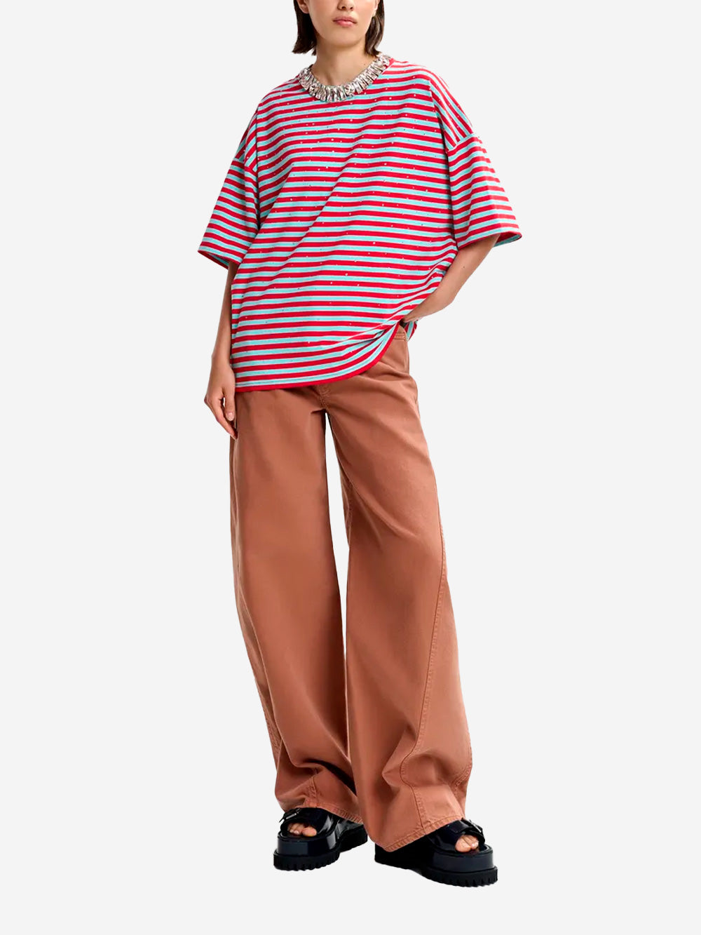 ESSENTIEL ANTWERP T-shirt oversize in cotone a righe rosse e azzurre impreziosita da strass Rossa celeste Urbanstaroma