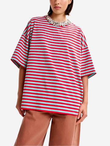 ESSENTIEL ANTWERP T-shirt oversize in cotone a righe rosse e azzurre impreziosita da strass Rossa celeste