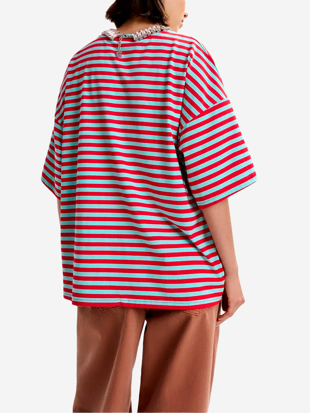 ESSENTIEL ANTWERP T-shirt oversize in cotone a righe rosse e azzurre impreziosita da strass Rossa celeste Urbanstaroma