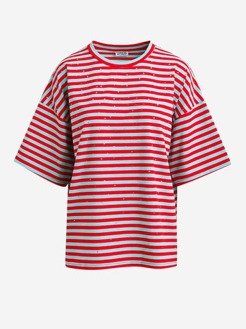 ESSENTIEL ANTWERP T-shirt oversize in cotone a righe rosse e azzurre impreziosita da strass Rossa celeste