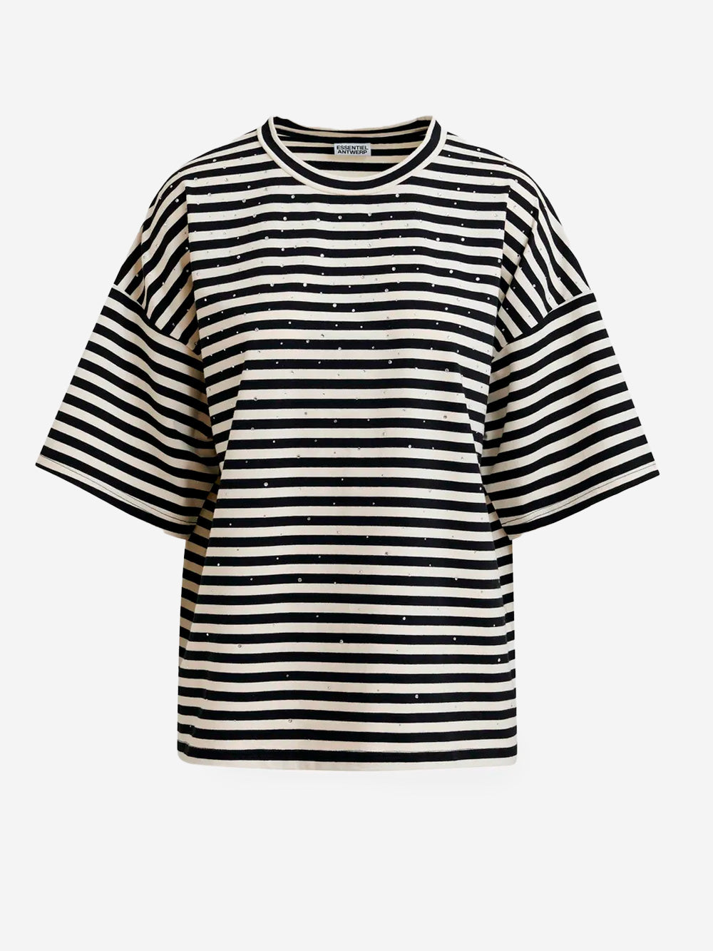ESSENTIEL ANTWERP T-shirt oversize in cotone a righe bianche e nere impreziosita da strass Bianca nera Urbanstaroma
