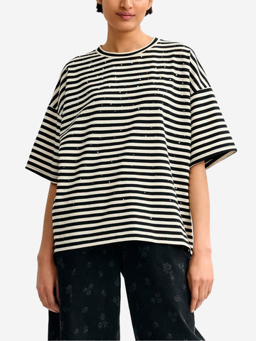 ESSENTIEL ANTWERP T-shirt oversize in cotone a righe bianche e nere impreziosita da strass Bianca nera
