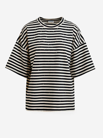 ESSENTIEL ANTWERP T-shirt oversize in cotone a righe bianche e nere impreziosita da strass Bianca nera