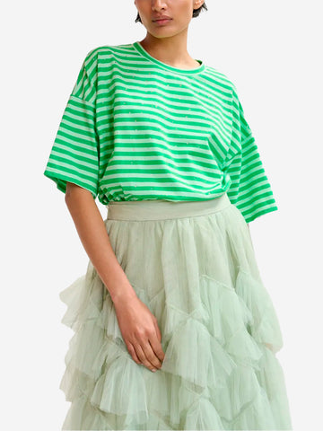ESSENTIEL ANTWERP T-shirt oversize in cotone a righe verdi impreziosita da strass verde