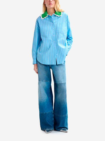 ESSENTIEL ANTWERP Camicia a righe con colletto arricciato all'uncinetto Celeste