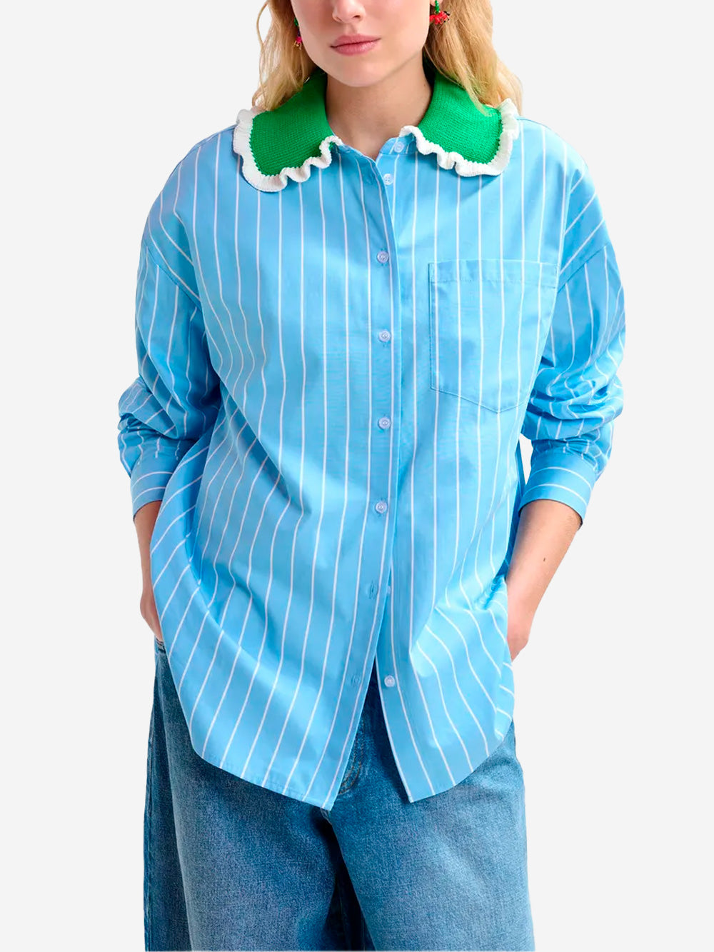 ESSENTIEL ANTWERP Camicia a righe con colletto arricciato all'uncinetto Celeste Urbanstaroma