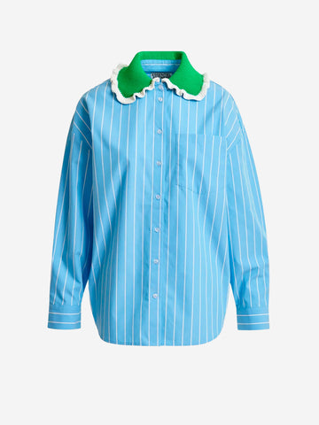 ESSENTIEL ANTWERP Camicia a righe con colletto arricciato all'uncinetto Celeste