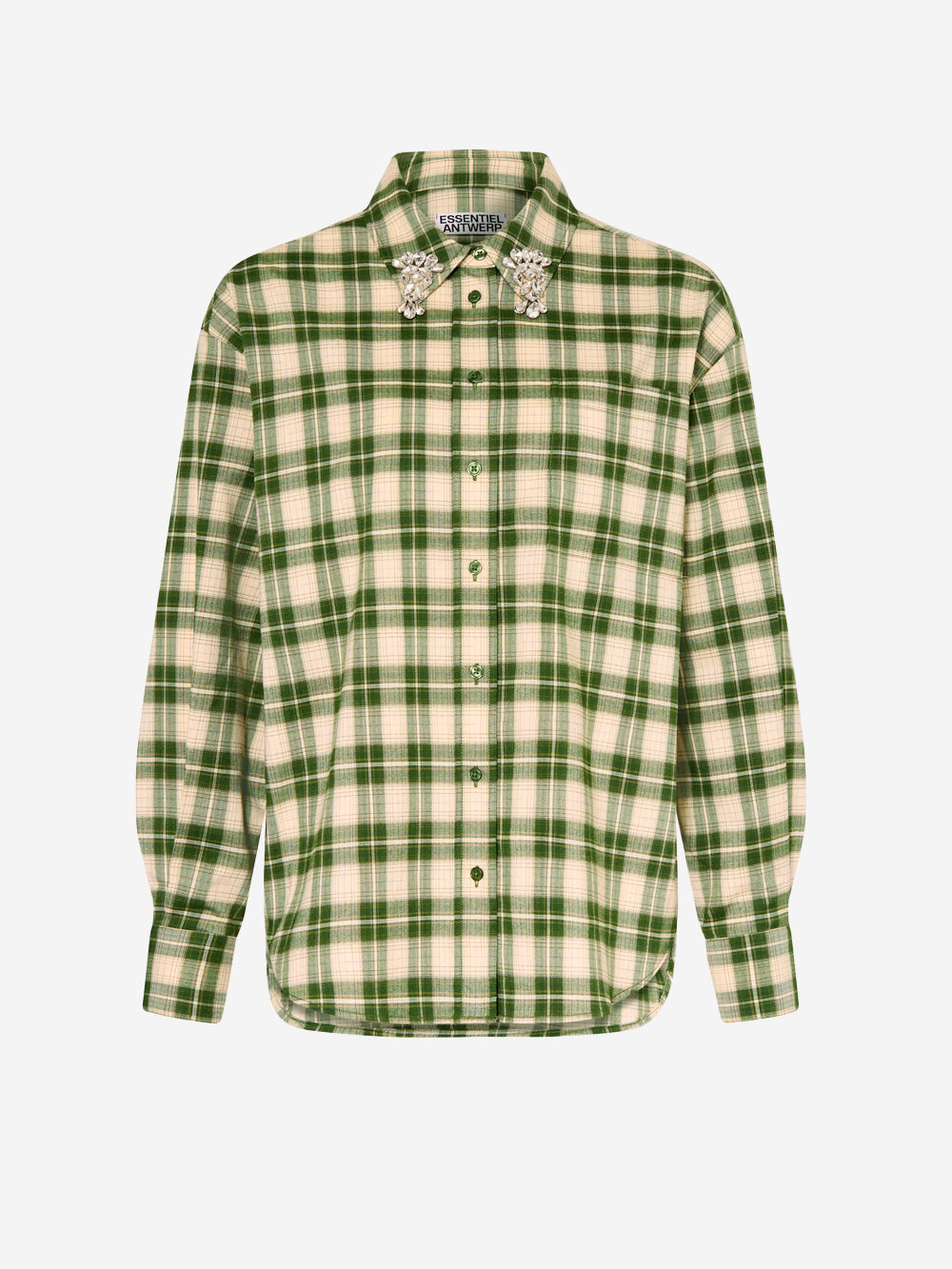 ESSENTIEL ANTWERP Camicia in flanella a quadri verdi e beige con colletto impreziosito da strass Verde Urbanstaroma