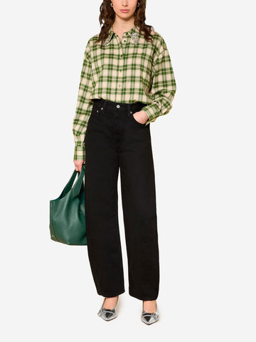 ESSENTIEL ANTWERP Camicia in flanella a quadri verdi e beige con colletto impreziosito da strass Verde